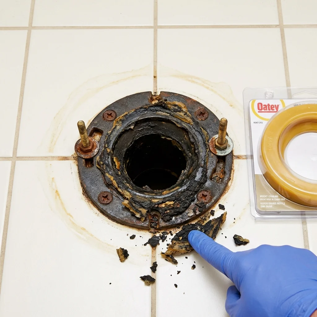 Failed wax ring showing water seepage at the base of a toilet in a Troy, KS home