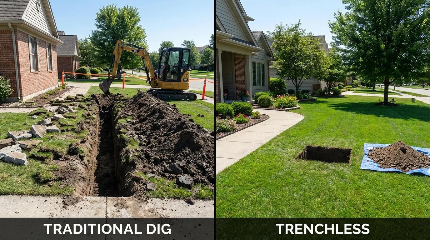 Trenchless sewer repair with minimal yard damage versus traditional excavation in Troy, KS