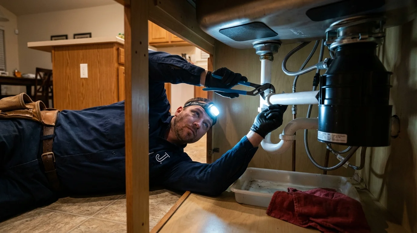 P-trap and supply line connections under a kitchen sink showing a common leak point in Troy, KS